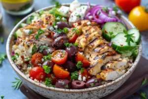 Delicious Greek chicken bowls with fresh vegetables and creamy tzatziki sauce