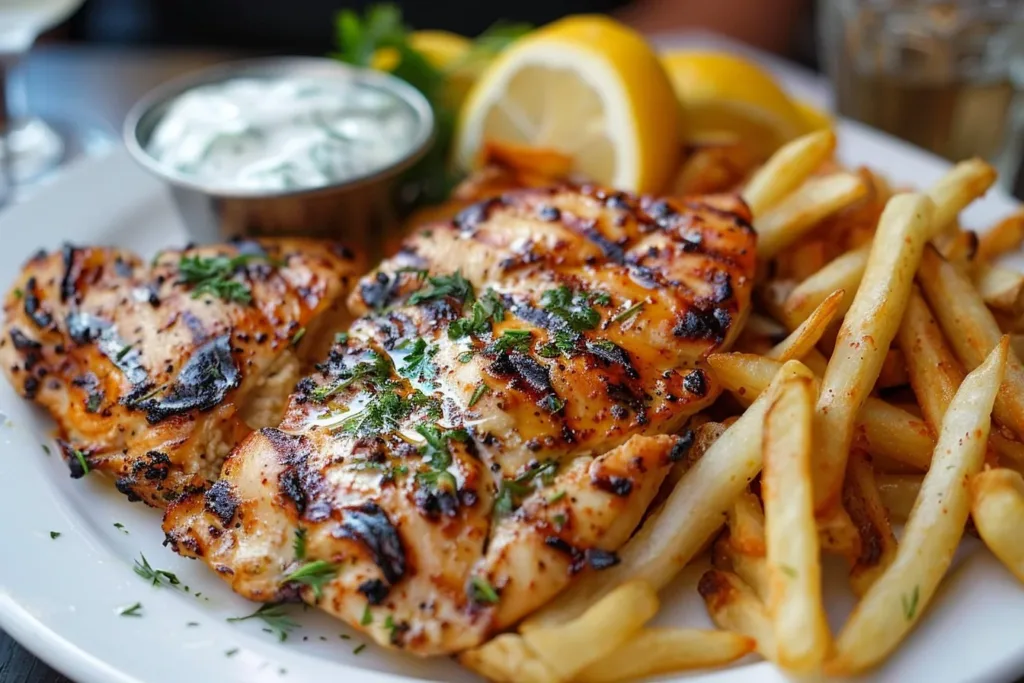 Greek style chicken plate with tzatziki sauce and crispy fries