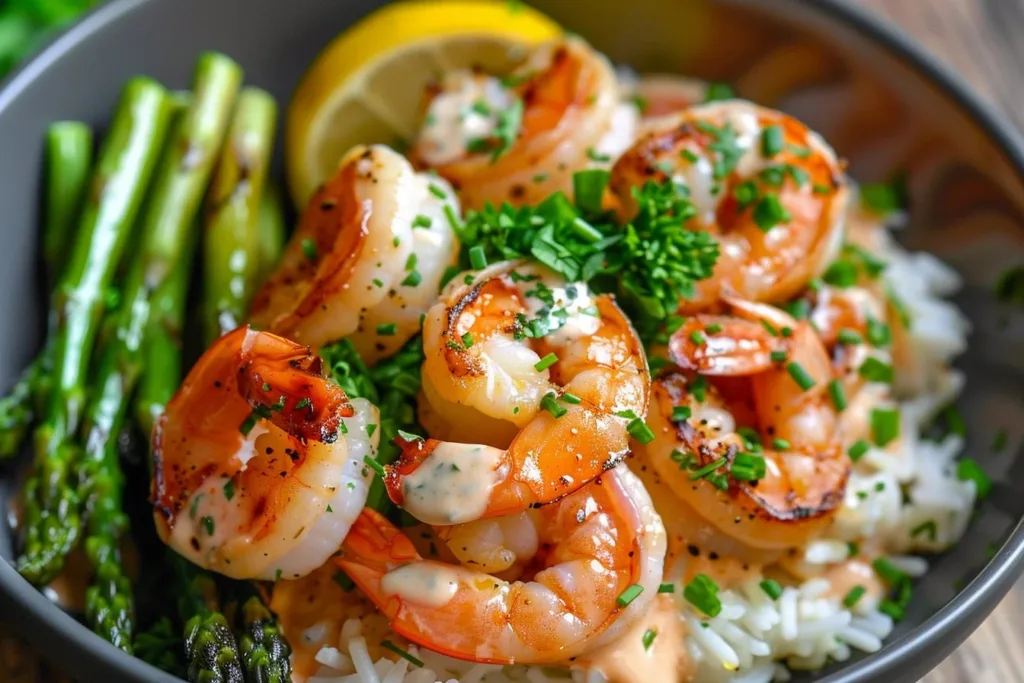 Delicious grilled shrimp bowl with asparagus and creamy garlic sauce