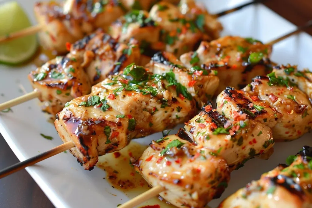 Grilled Thai Coconut Chicken Skewers served on a plate, garnished with herbs.