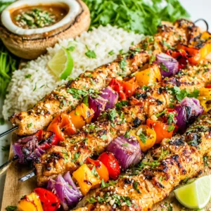 Grilled Thai Coconut Chicken Skewers marinated in coconut milk and spices on a grill.