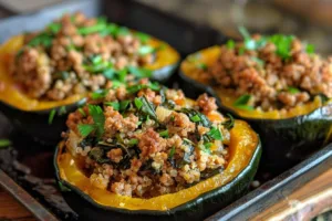 Ground turkey stuffed acorn squash dish served on a plate
