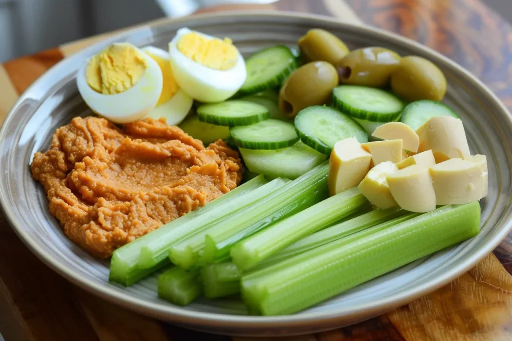 Healthy low carb diet snacks in a bowl with fresh vegetables and nuts