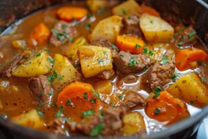 Hearty Pioneer Style Beef Stew in a rustic bowl with vegetables and herbs