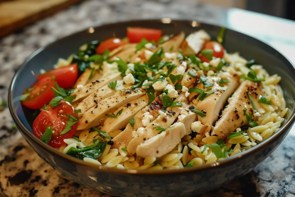 High Protein Chicken Orzo dish with vegetables and herbs