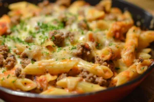 Creamy beef pasta dish garnished with parsley on a white plate