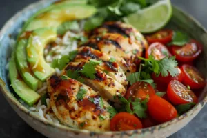 Honey Lime Chicken served with Avocado Rice Bowl for a delicious meal.