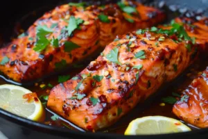 Hot Honey Salmon dish served on a plate with garnishes