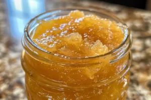 Homemade apple jam in a jar with apples and toast on a wooden table