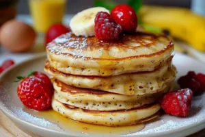 Fluffy ingredient protein powder pancakes topped with fresh berries and syrup