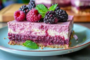 Deliciously baked Black Raspberry Cheesecake Bars topped with fresh berries