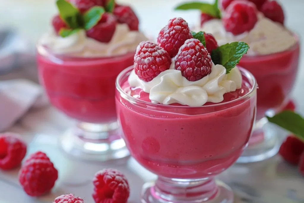 Irresistible raspberry pudding served in a bowl garnished with fresh raspberries.