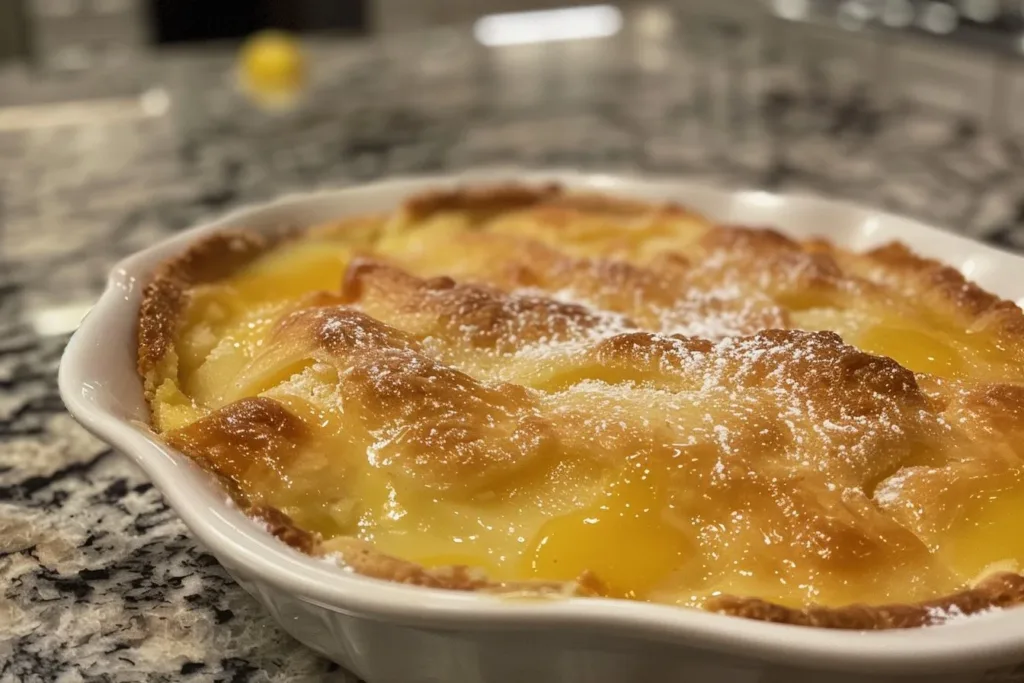 Delicious Magic Lemon Cobbler dessert served with a slice of lemon.