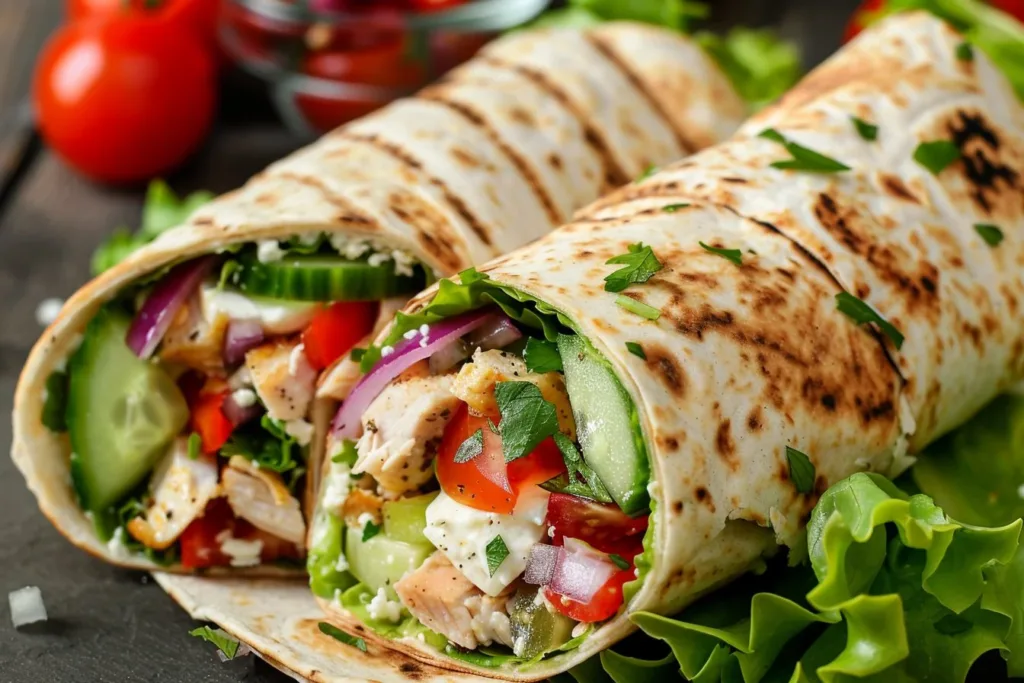 Healthy Mediterranean Chicken Wraps with fresh veggies and flavorful spices