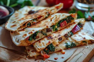 Mediterranean Quesadilla with veggies and spices on a plate