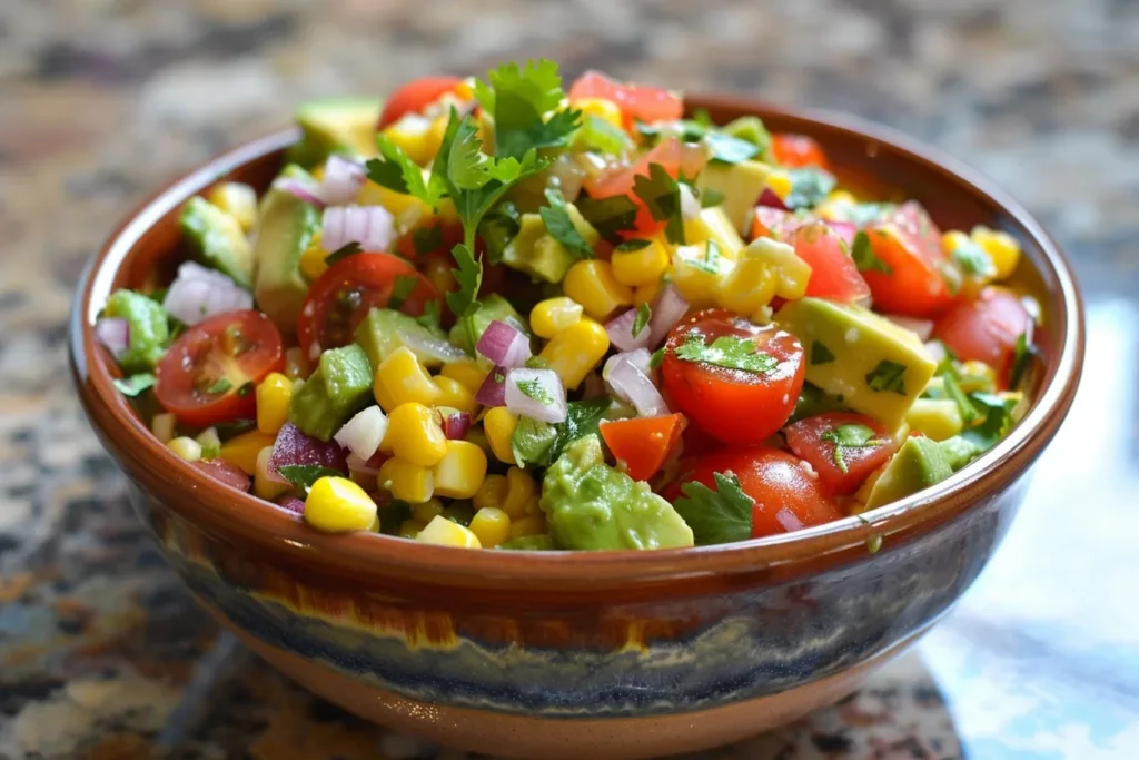Fresh avocado corn salsa served in a bowl with tortilla chips