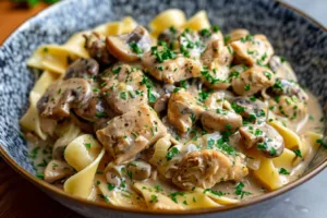 Delicious Minute Rich Chicken Stroganoff served in a bowl with noodles and herbs.