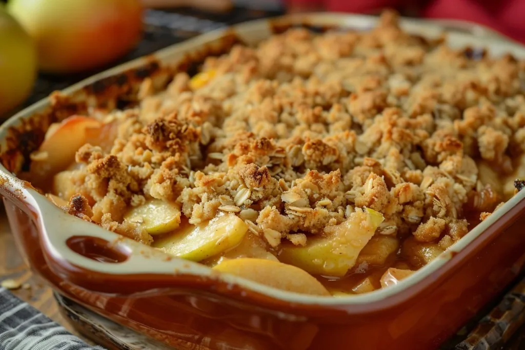 Delicious old-fashioned apple crisp topped with crunchy oats and cinnamon.