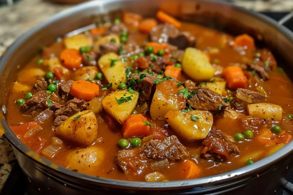 A hearty bowl of old-fashioned beef stew with carrots and potatoes.
