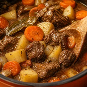 A bowl of Old Fashioned Beef Stew with tender beef chunks and colorful vegetables.