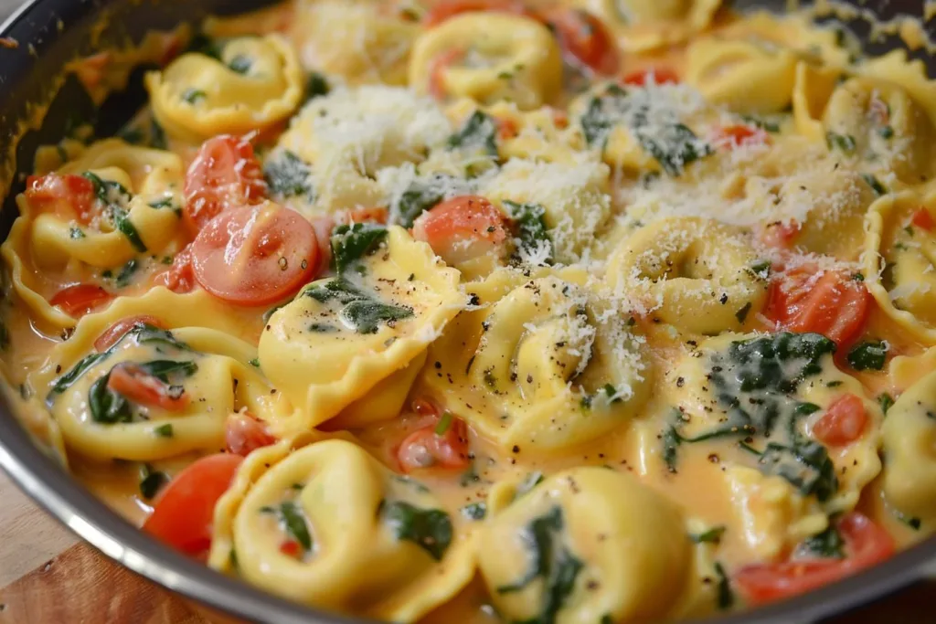 One pot creamy spinach tomato tortellini ready to serve