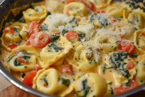 One pot creamy spinach tomato tortellini ready to serve