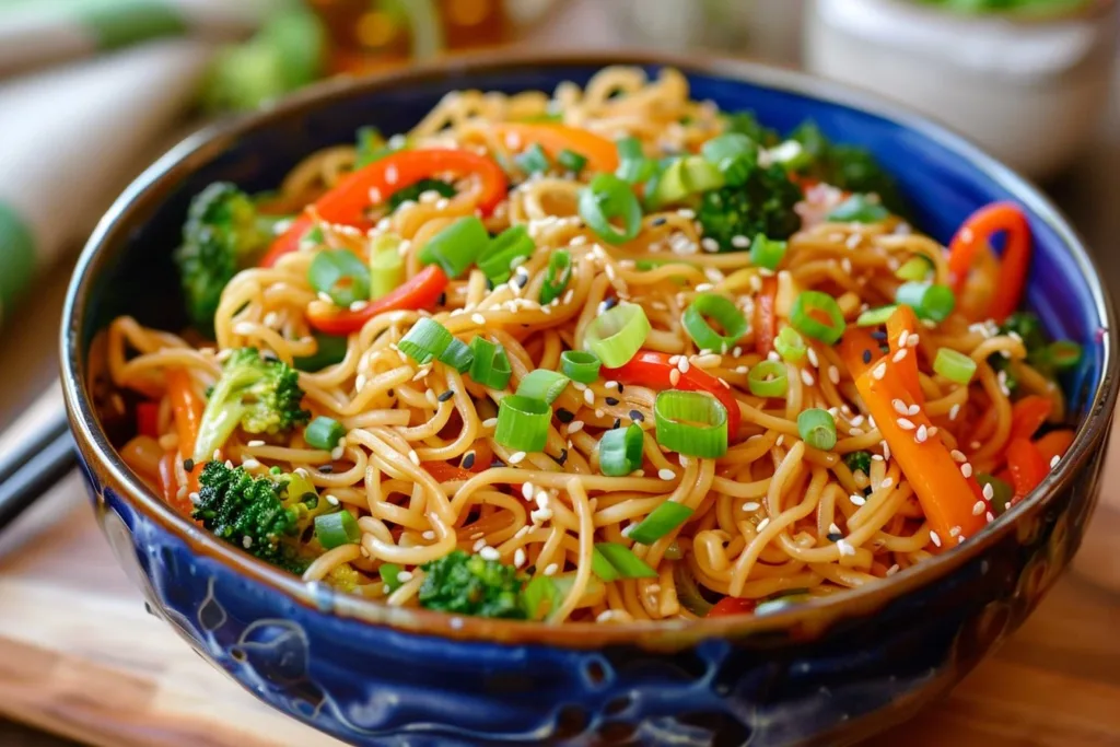 One-pot teriyaki noodles dish with vegetables and sauce