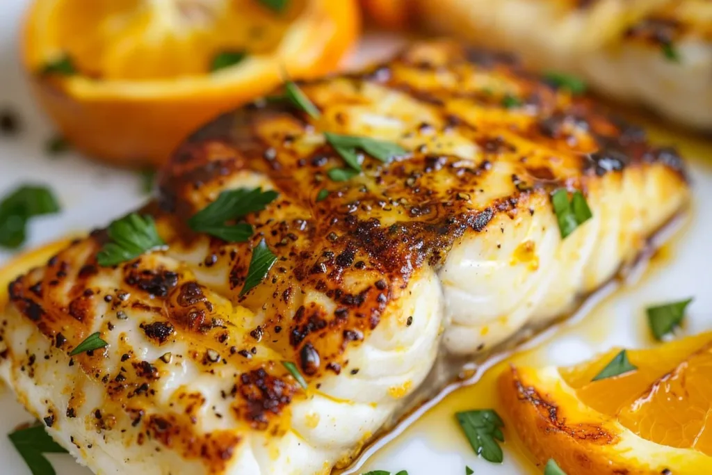 Delicious Orange Dijon Grilled Halibut served on a plate with garnishes.