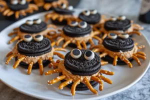 Oreo Spiders made with cookies and candy decorated for Halloween