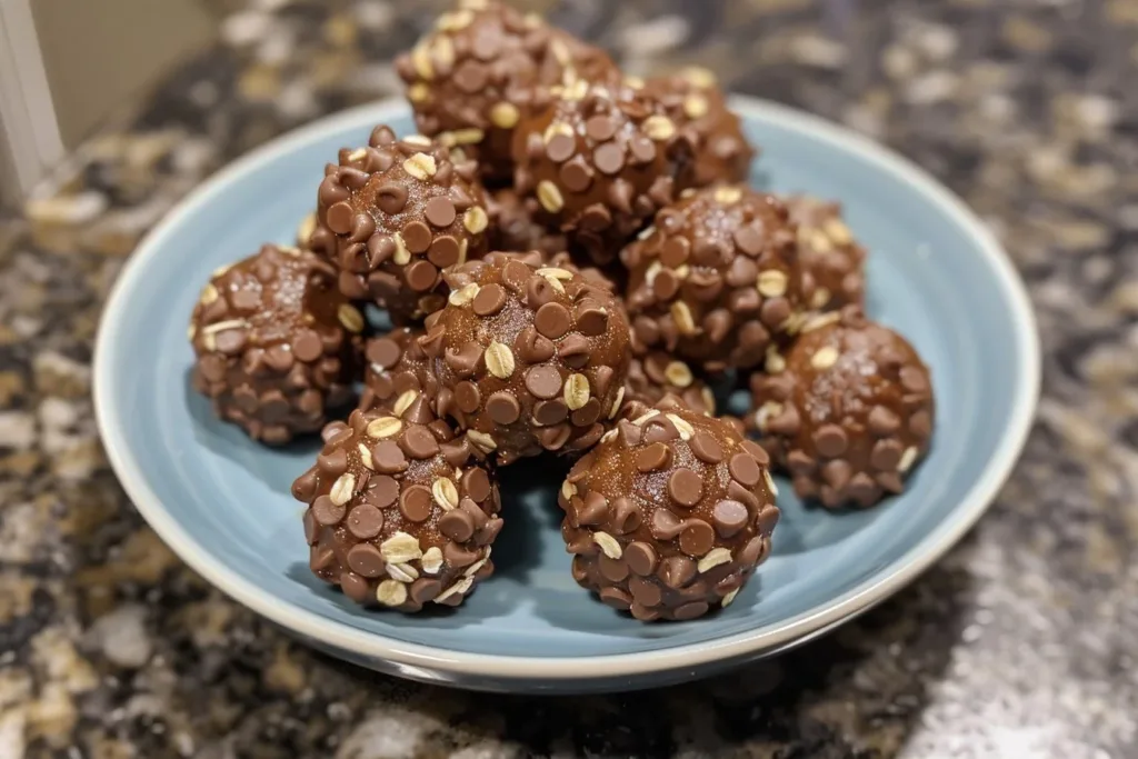 Homemade peanut butter balls on a plate, a delicious snack recipe.