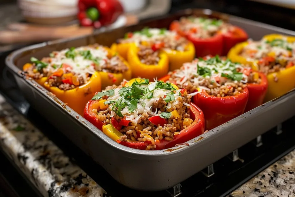 Pioneer Woman stuffed pepper casserole served in a dish with vibrant bell peppers