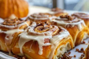Freshly baked Pumpkin Cinnamon Rolls topped with creamy icing