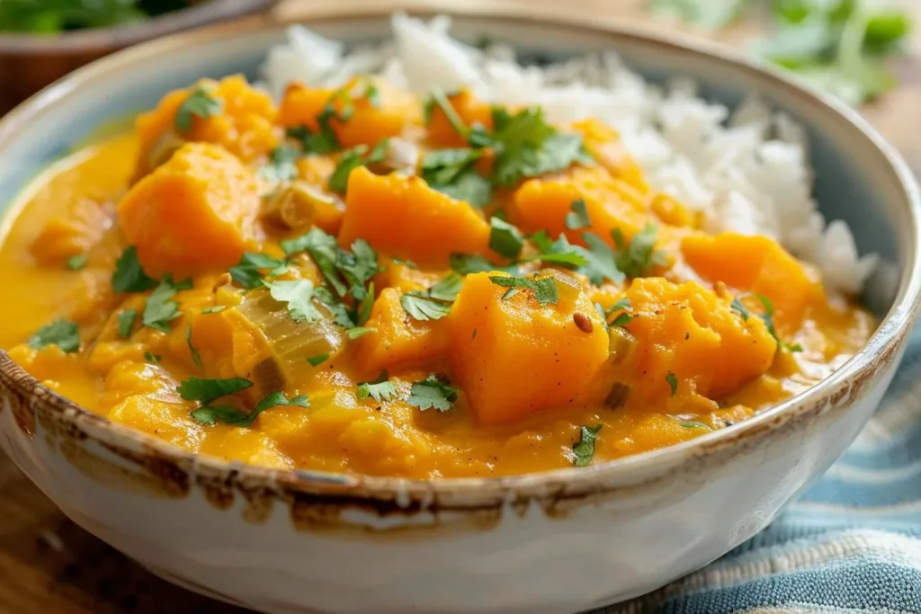 Delicious bowl of pumpkin curry served with rice and garnished with herbs