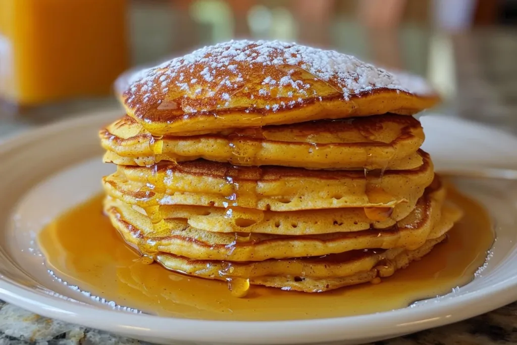 Fluffy pumpkin pancakes served with maple syrup and whipped cream