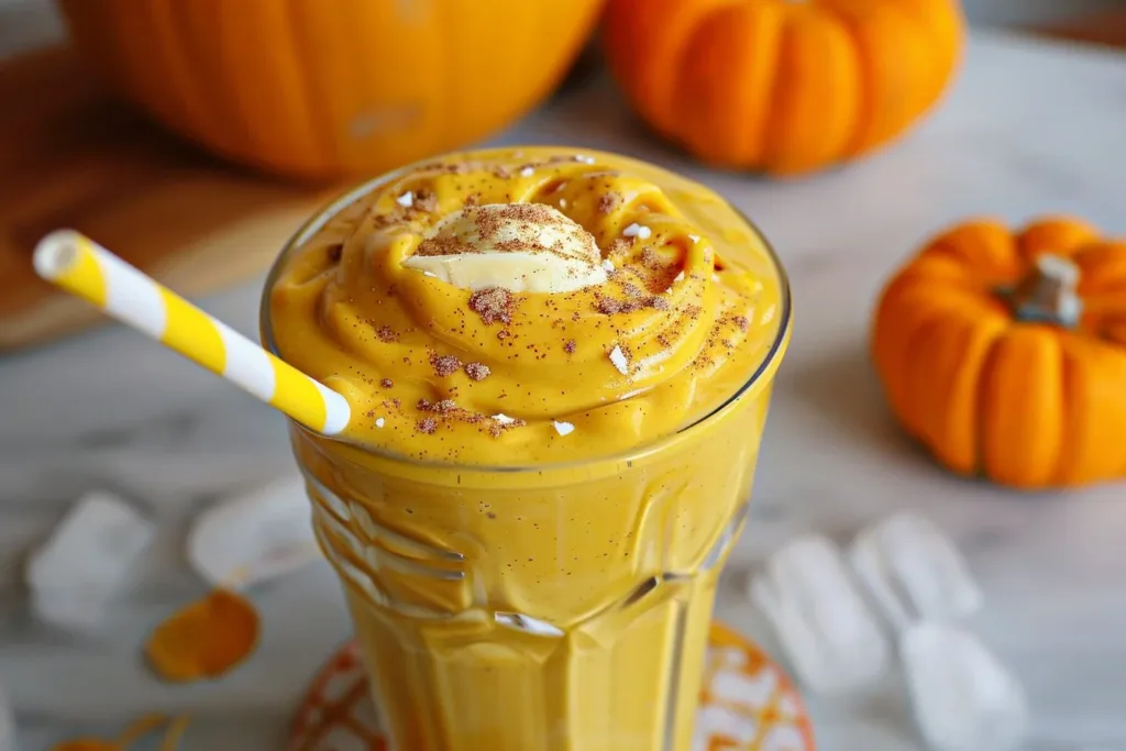 Delicious pumpkin pie smoothie topped with whipped cream and spices