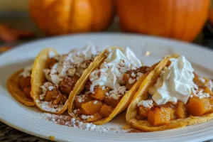 Delicious pumpkin pie tacos displayed on a plate with cinnamon and whipped cream.