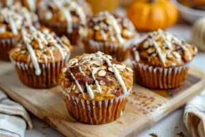 Freshly baked Pumpkin Protein Muffins on a wooden table