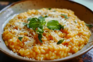 Creamy Pumpkin Risotto topped with herbs in a bowl