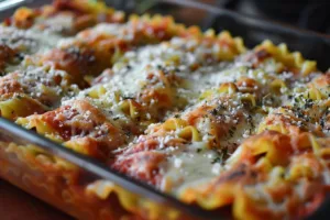 Healthy skinny lasagna rolls filled with cheese and spinach