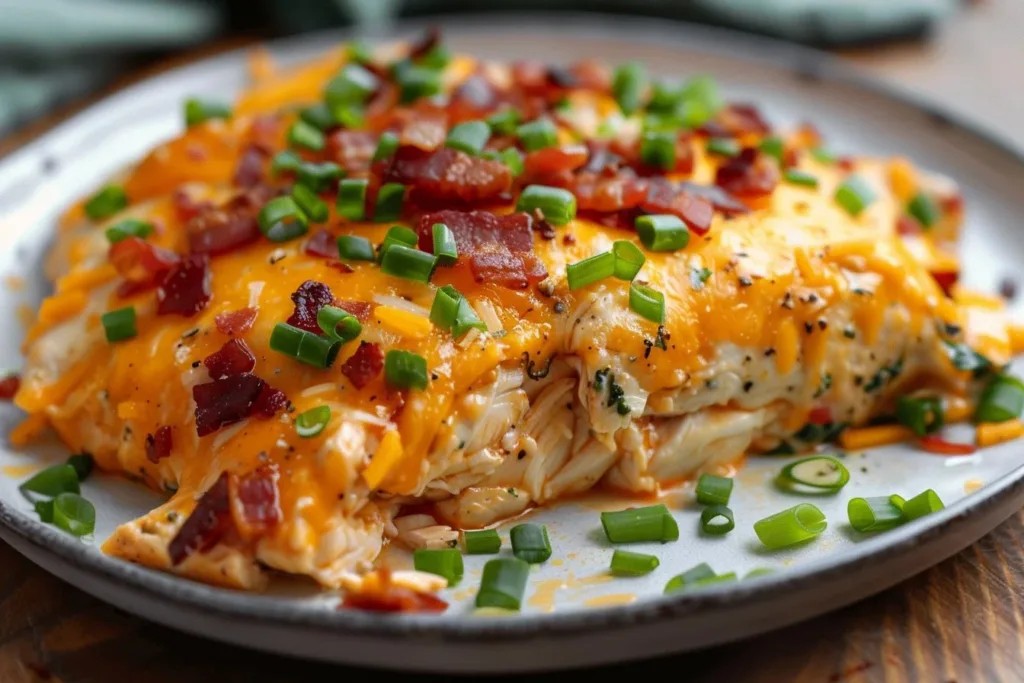 Delicious Slow Cooker Crack Chicken served on a plate with herbs.