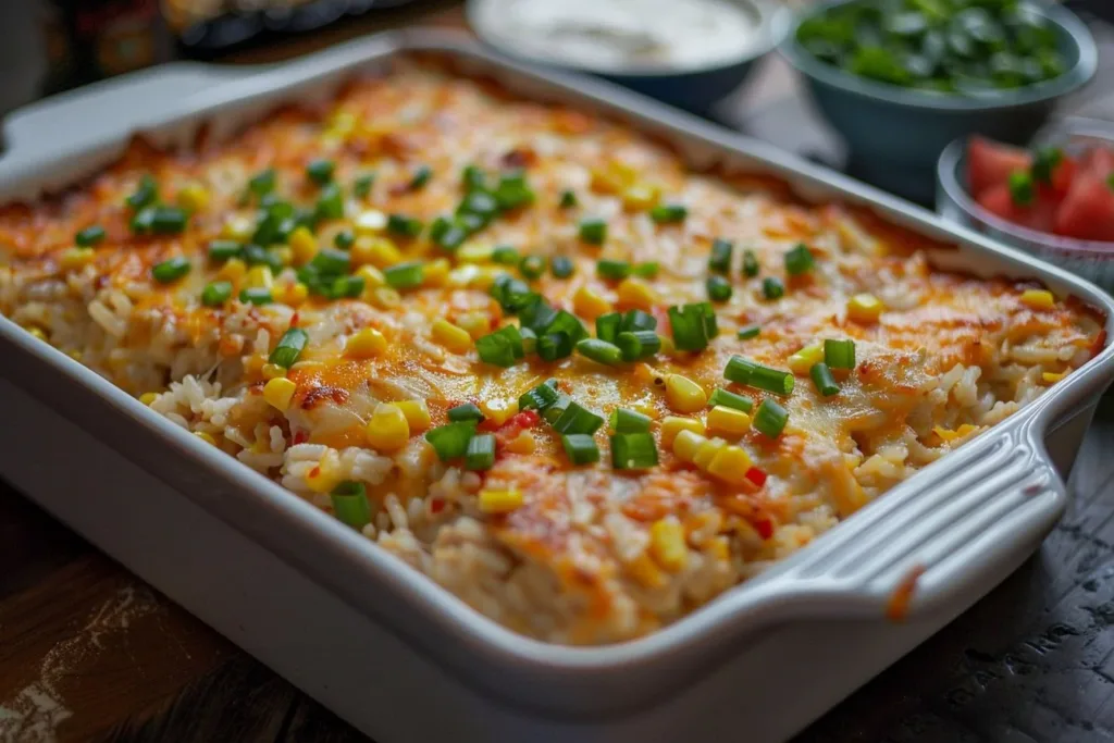 Delicious Street Corn Chicken Casserole topped with fresh herbs and cheese