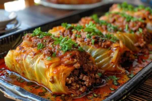 Delicious stuffed cabbage filled with seasoned meat and rice, served hot.