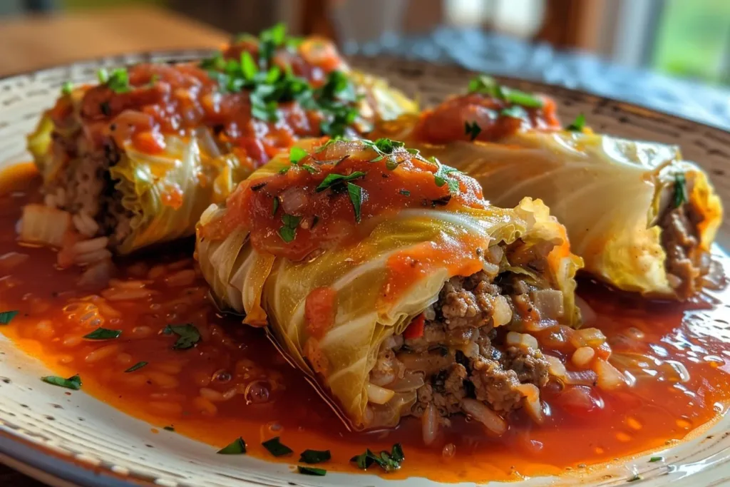 Delicious stuffed cabbage rolls served on a plate with sauce