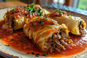 Delicious stuffed cabbage rolls served on a plate with sauce