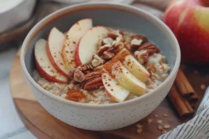 Bowl of sweet apple cinnamon overnight oats topped with fresh apples and nuts