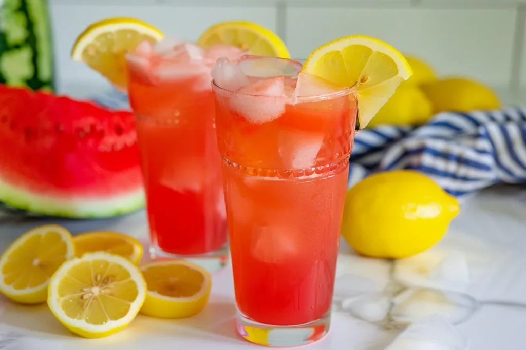 Refreshing sweet watermelon lemonade in a glass with ice and mint leaves