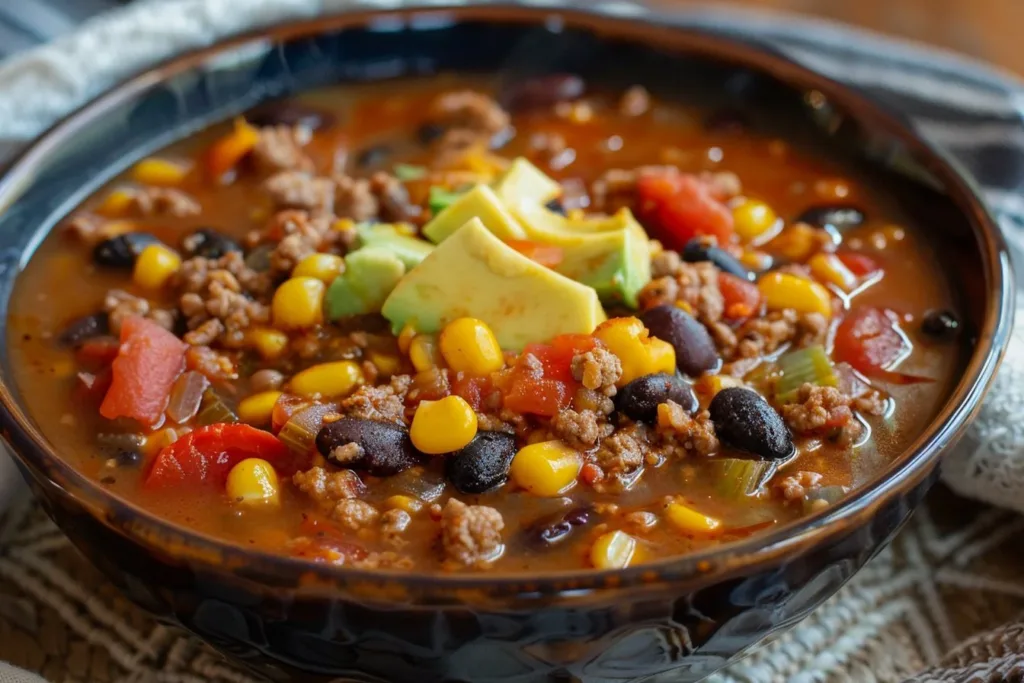 Bowl of delicious homemade Taco Soup topped with cheese and cilantro.