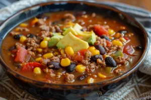 Bowl of delicious homemade Taco Soup topped with cheese and cilantro.