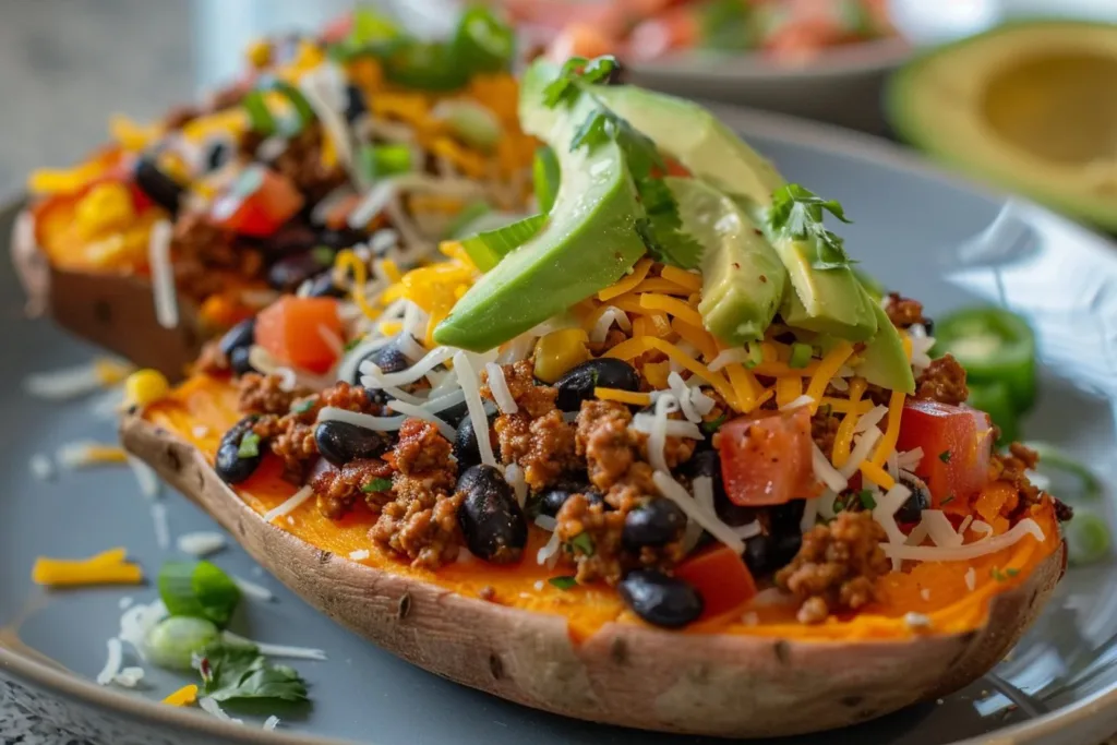 Taco stuffed sweet potatoes topped with fresh ingredients and served on a plate.