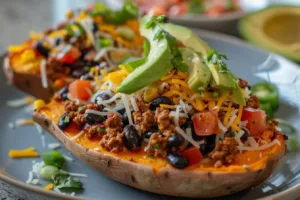 Taco stuffed sweet potatoes topped with fresh ingredients and served on a plate.